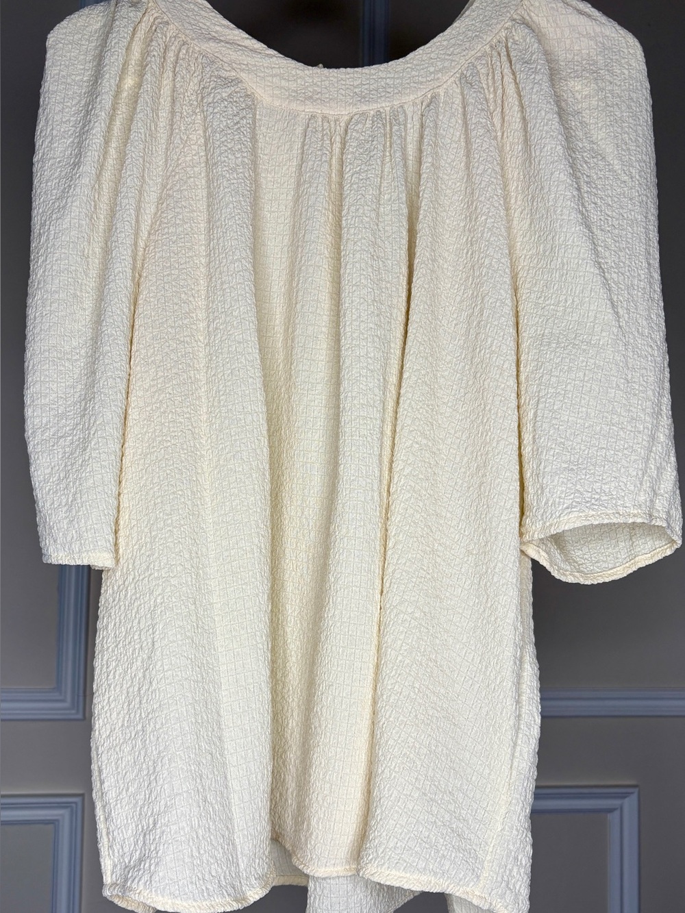 Calvin Klein Textured Wheat Elbow-Sleeve Puff Shoulder Blouse